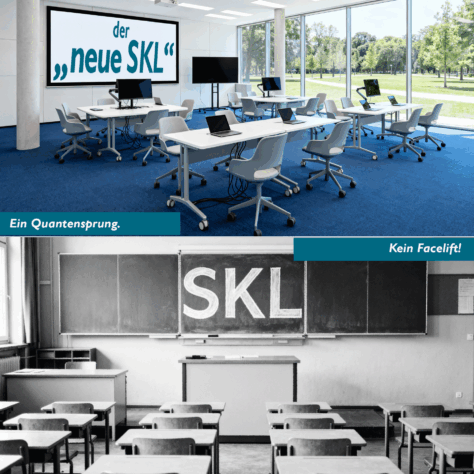 Das Bild zeigt eine Gegenüberstellung eines neuen, modernen Schulungsraums (obere Hälfte) und eines alten Klassenzimmers in einer Schule (untere Hälfte.)