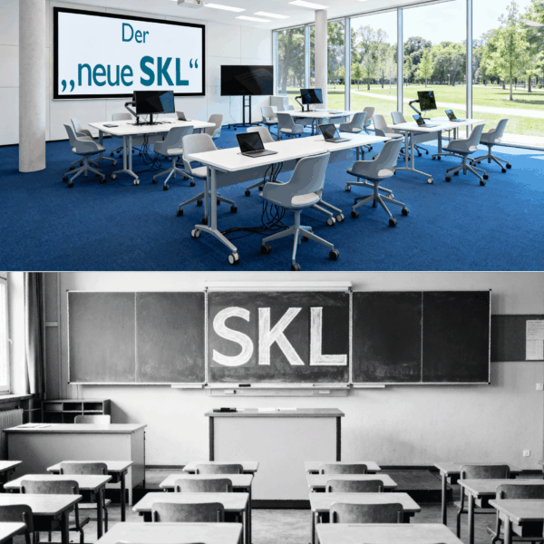 Das bild zeigt den Vergleiche eines alten Klassenzimmers mit einem neuen Schulungsraum.